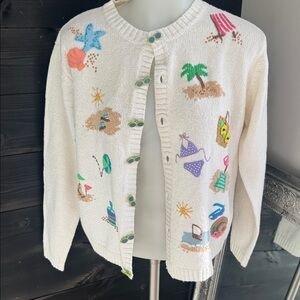 Vintage 90s Talbots‎ Beach Sweater Cardigan Embroidered Summer knit coastal